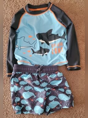 Carter's Light Blue and Dark Gray 'Splash Zone' Shark Rashguard Swim Set